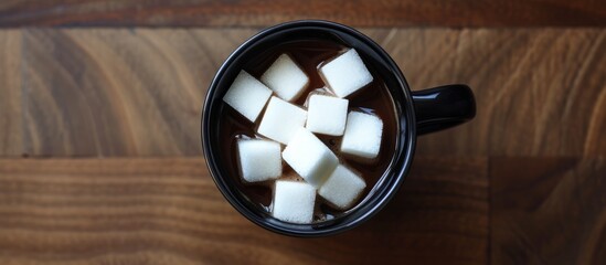 Wall Mural - Top view of black coffee mug with white sugar cubes