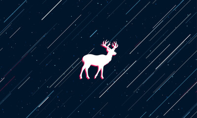 Wall Mural - Large white deer symbol framed in red in the center. The effect of flying through the stars. Vector illustration on a dark blue background with stars and slanted lines