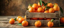 Rustic Wooden Crate Filled With Ripe Tangerines Illuminated By Warm Sunlight, Invoking Freshness And Natural Flavor
