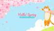 Hello! Spring background vector illustration. Holding a cute orange cat under the cherry blossom tree