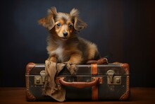 Adorable Puppy Attentively Perched On A Vintage Suitcase. Perfect For Pet-friendly Trips And Vacations. Generative AI