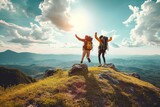 Fototapeta Londyn - Hikers with backpacks jumping with arms up on top of a mountain - Couple of young happy travelers climbing the peak - Family, travel and adventure, Generative AI