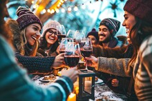 Happy Multiracial Friends Toasting Red Wine At Restaurant Terrace - Group Of Young People Wearing Winter Clothes Having Fun At Outdoors Winebar Table - Dining Life Style And Friendship, Generative AI