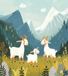 Cute goats grazing in a beautiful green meadow near the mountains. Book illustration for children.