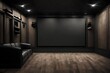 A cinematic shot of an empty solid wall mockup in a home theater, offering a customizable backdrop for movie-themed graphics or quotes.