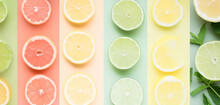 A Vibrant Array Of Citrus Slices With Complementary Colored Stripes For A Fresh, Summer-themed Background