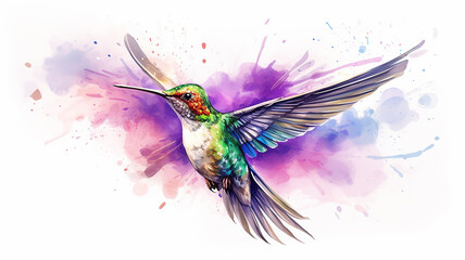 Wall Mural - Hummingbird watercolor illustration, spots of liquid paint isolated on a white background