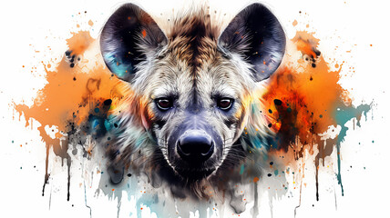 hyena portrait, head on white background, illustration of paint spots watercolor style print