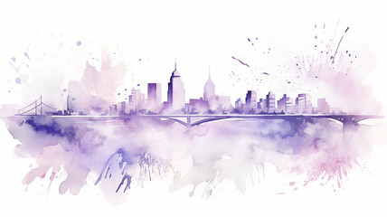 Poster - purple, lavender silhouette of the city, spring watercolor illustration on a white background, cityline liquid paint