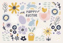 Set Of Easter Design Elements. Eggs, Basket, Chicken, Rabbit, Flowers And Branches. Perfect For Holiday Decoration And Spring Greeting Cards.