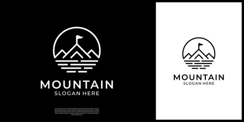 Wall Mural - Mountain peak lake line art for travel adventure outdoor logo design.