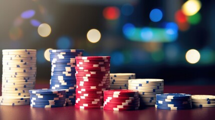 Gambling table chips on table lucky bet casino bokeh background