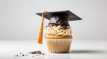 Cupcake With A Graduation Cap On Plain White Background From Generative AI