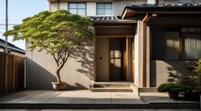 Japanese House Facade With Concrete Sidewalk And A Tree And Dramatic Shadows From Generative AI