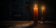 Faint light of a burning candle in the dark candlelight wallpaper background