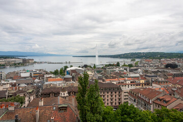 Wall Mural - View of Lake Geneva and Geneva City from the roof of Saint Pierre Cathedral in Geneva, Switzerland