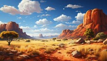 Vibrant Desert Landscape With Towering Rock Formations Under A Dynamic Sky