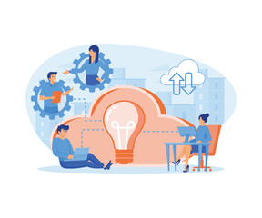 Wall Mural - Wireless computing service concept. Work colleague team of users connected by cloud computing and light bulb. Online collaboration, remote business management. flat vector modern illustration