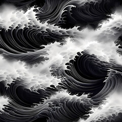 black and white illustration of a rough sea, B&W big rolling waves, illustration of a storm, wave shape, dark stormy waters