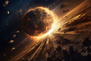 Wall Mural - explosion of planet creates flash of light and engulfs surrounding space in flames with debris flyin