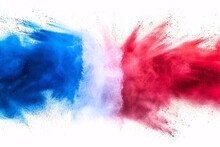 Vibrant Tricolored French Flag Holi Paint Burst On White Backdrop, Representing France's Culture, Sports, And Tourism.