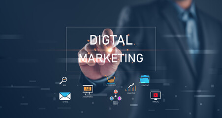 Poster - Digital online marketing commerce sale concept. Website advertising, Promotion of products or services through digital channels search engine, social media, email, Digital Marketing Strategy and Goals