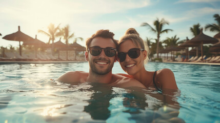 happy couple wearing sunglasses and smiling at the camera while embracing in a swimming pool on a sunny day with palm trees in the background.