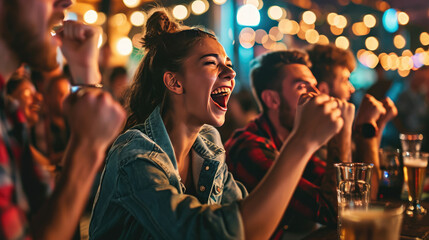 Poster - Lively group of people at a bar celebrating, with a focus on a joyful woman raising her hand and holding a drink.