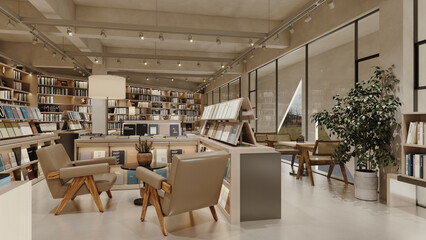 Bookcase full of books in contemporary, cozy interior book store. Wooden shelves, modern design library, reading room and cafeteria. A place to read books in peace and quiet.