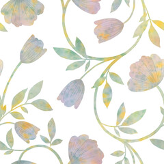  Abstract flower with leaves drawn in watercolor on a white background for wrapping paper, wallpaper, textiles.