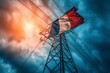 Electric power line and French flag. Energy shortage. Global energy crisis concept. Rise in electricity usage.
