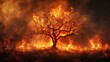 tree devoured by flames. Forest fire affecting the city with roads and risk for cars with people inside Murderous fire. Fine art forest burn Problem