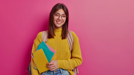 Canvas Print - young woman with glasses is smiling at the camera, wearing a yellow sweater and a red backpack, holding colorful books against a vibrant pink background