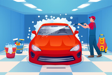 Wall Mural - Car wash flat cartoon composition