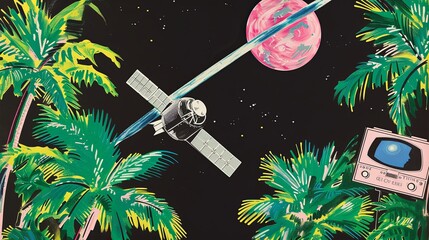 Wall Mural - Cover of a 1980s new wave record called a satellite orbiting the earth and palm trees and a radio wallpaper.