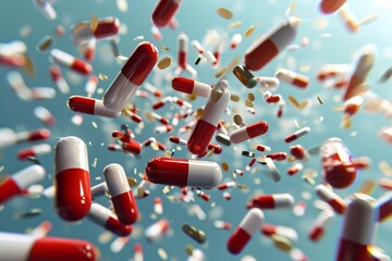 Wall Mural - Medicine pharmaceuticals Wallpaper, healthy pills and capsules ailments. Health and cure illnesses. Risk of explosion, drugs carefully prescribed and isolated. White tablets pain relief painkillers.