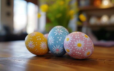 Colorful Easter eggs with floral patterns on a wooden surface, blurred spring flowers in the background.