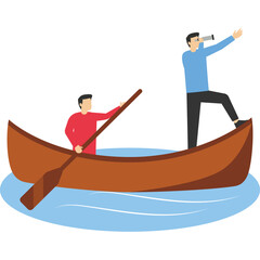 linear flat businessmen in a rowing boat, two rowers, and one captain vector illustration. leadershi