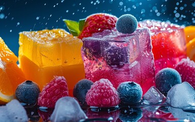 Colorful fruit cubes and berries frozen in ice, displayed amidst melting ice crystals.