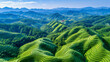 Panoramic view of Asian agriculture in a mountainous landscape, showcasing the tranquil beauty of rural farms and terraced plantations amidst lush greenery and scenic forestry