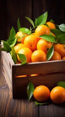 Wall Mural - 
Fresh mandarin oranges fruit or tangerines with leaves in a box on wooden background