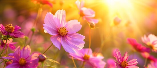 Wall Mural - Color-filtered noon-day sunlight illuminates the stunning cosmos flowers.