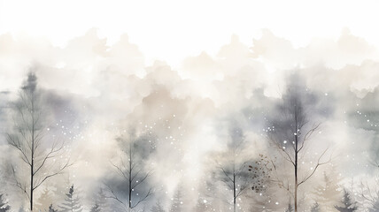 Canvas Print - white watercolor snowfall in the forest, winter abstract background illustration with copy space, greeting card form