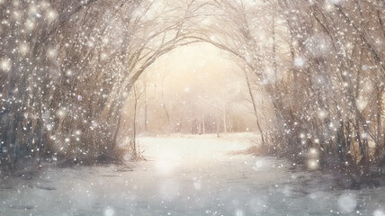 Wall Mural - winter background, abstract park decorated alley outside, blurred layout blank copy space, park covered with snow, entrance to the forest, arch