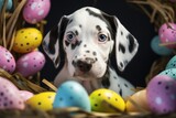 Fototapeta Zwierzęta - Spotted Pup's Easter Delight: A Dalmatian Amongst Colorful Eggs - Generative AI