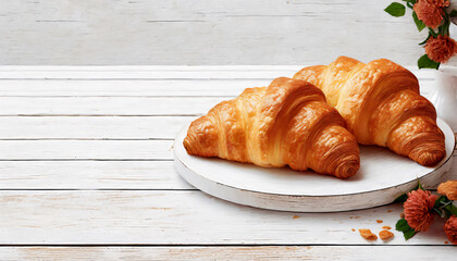 Wall Mural - Tasty croissants on white wooden table with copy space