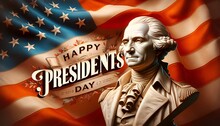 Illustration Of A George Washington Statue With A Vibrant American Flag For Presidents Day.