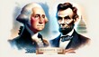 Illustration in watercolor style featuring portraits of george washington and abraham lincoln for presidents day.