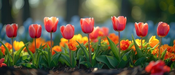 Wall Mural - Panoramic flowers landscape of blooming colorful tulips field in spring with sunshine - Flower background banner panorama