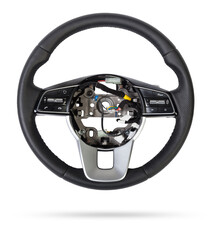 Poster - Steering wheel for car and truck isolated on white background. Automobile vehicle part or equipment. Round modern style consist of black leather and aluminum. For driver to driving control and tuning.